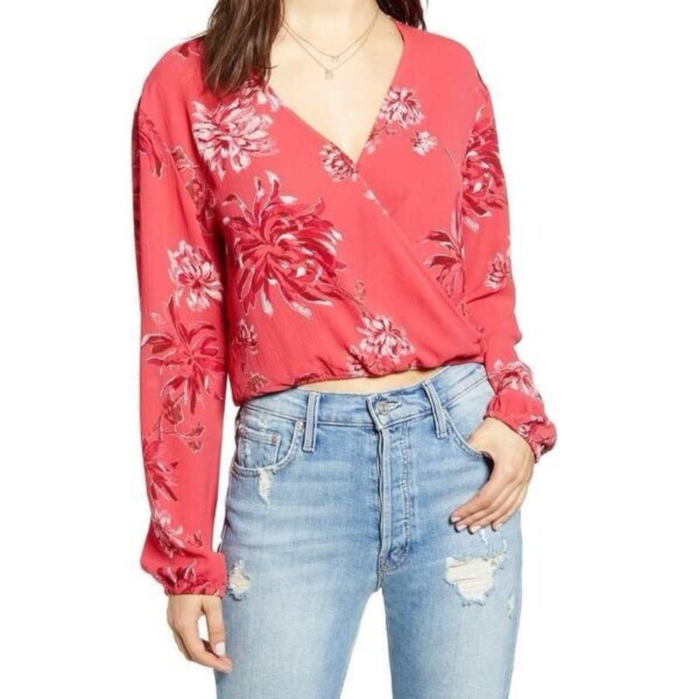 Leith Red Raspberry Floral Wrap Blouse
